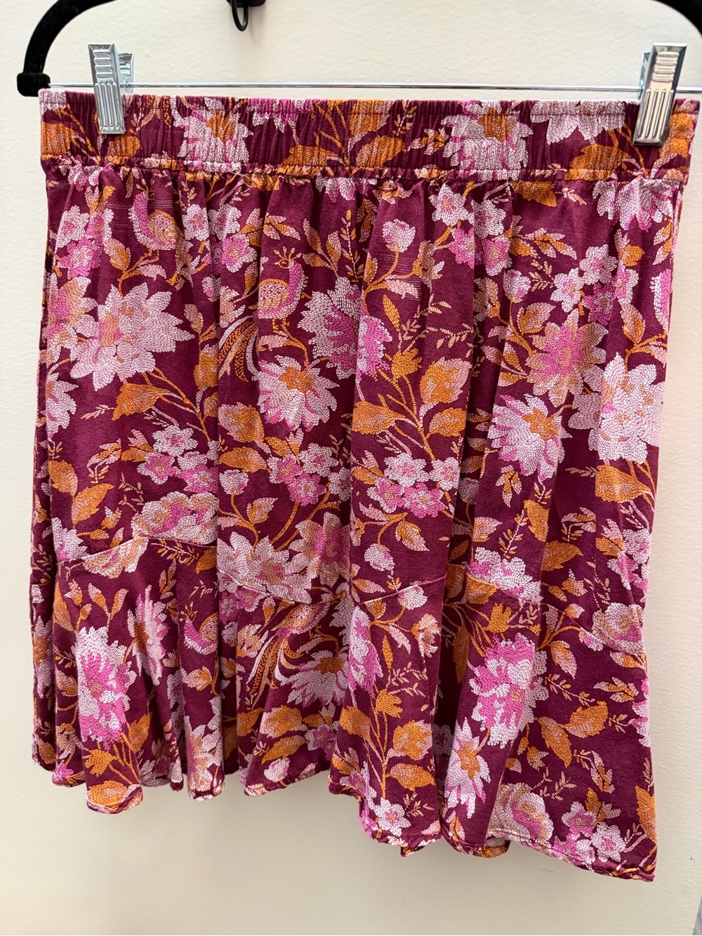 LOFT Burgundy Floral Circle Skirt with Pink & Gold Accents